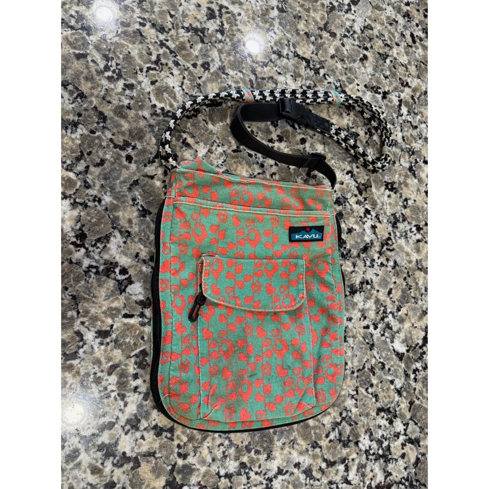 KAVU Keeper Teal Coral Floral Canvas Crossbody Bag Rope Strap Slim Travel Pouch
